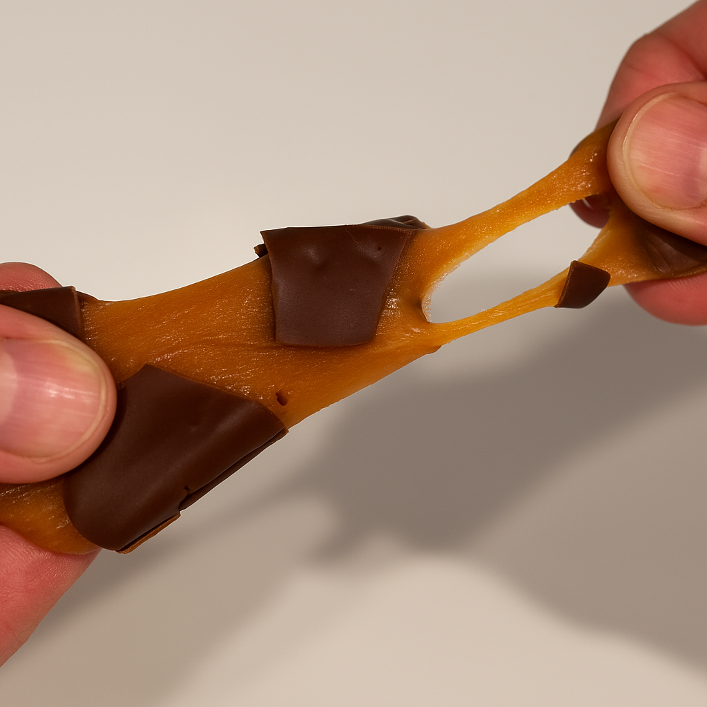 Chocolate-dipped cookie being pulled apart with a plain background