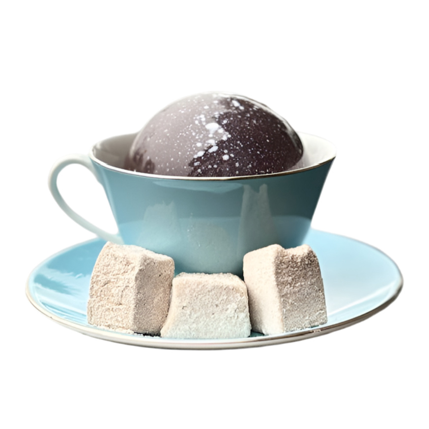 Teacup with a dark hot chocolate bomb dessert and marshmallows on a white background