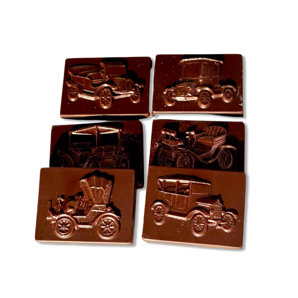 Set of six chocolate bars with vintage car design on a white background