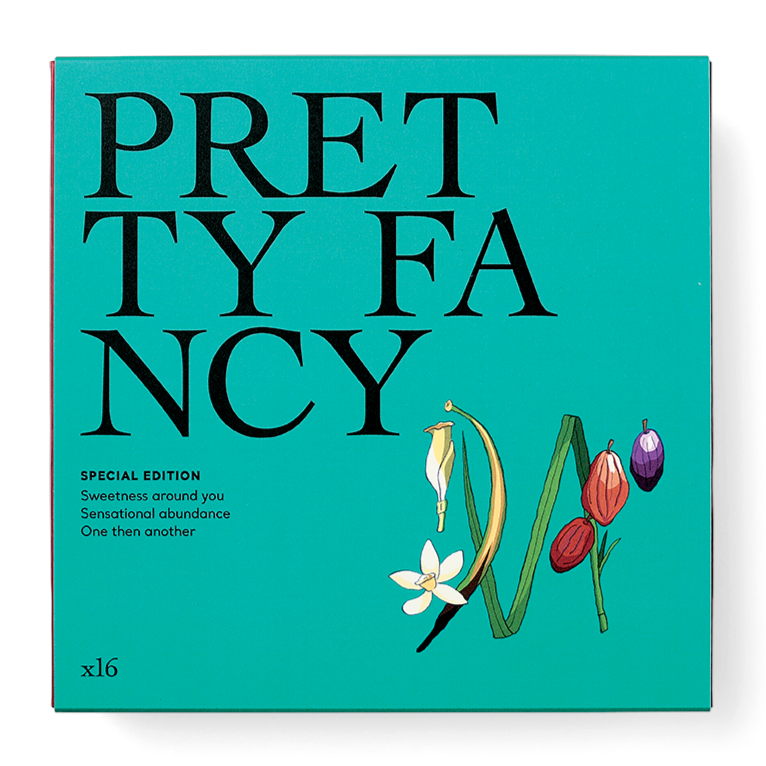 A box of Pretty Fancy brand chocolate bonbons with a teal background and images of the bonbons on the front.