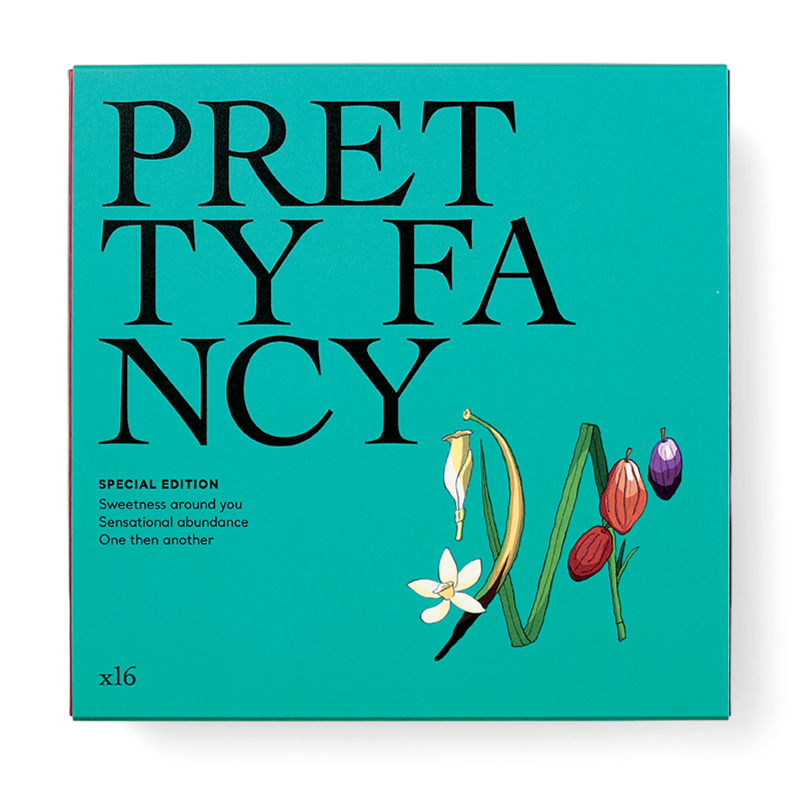 A box of artisan chocolate bonbons with vegan friendly labeling, titled 'PRETTY FA NCY'.