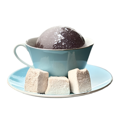 Teacup with a dark hot chocolate bomb dessert and marshmallows on a white background
