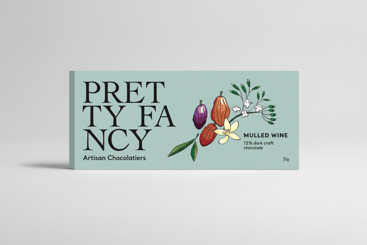 Chocolate bar packaging with 'Pretty Fancy' branding and mulled wine flavor text.